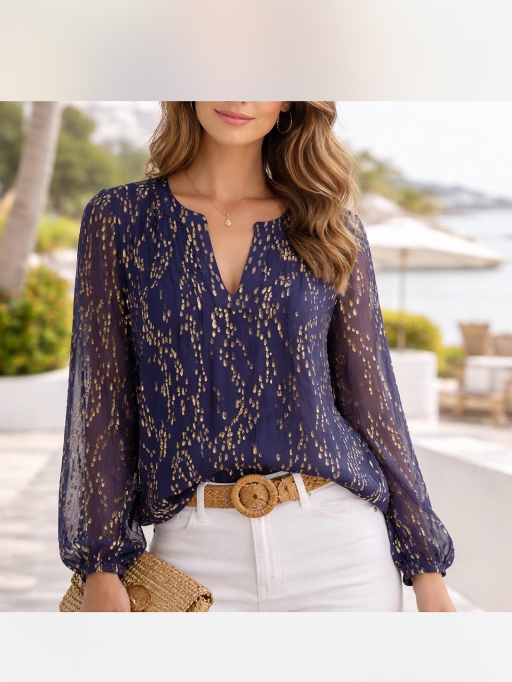 Lilly Pulitzer Navy Blue With Gold Metallic Long-Sleeve Blouse